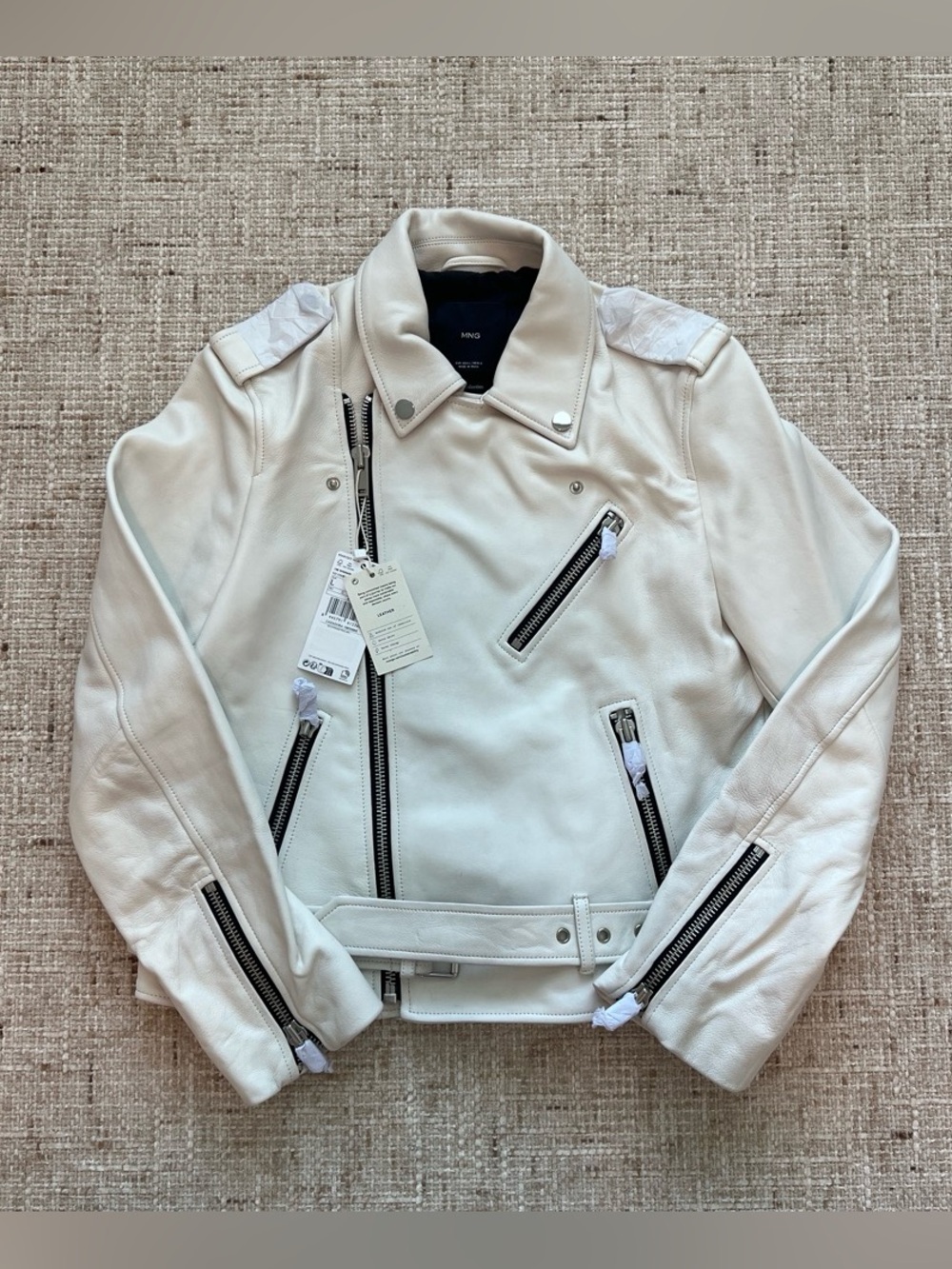 MANGO women White Sheep Leather Biker Jacket L